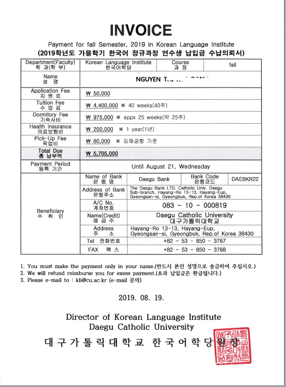 Invoice trường Daegu Catholic của bạn Nguyễn Thị Kim Oanh