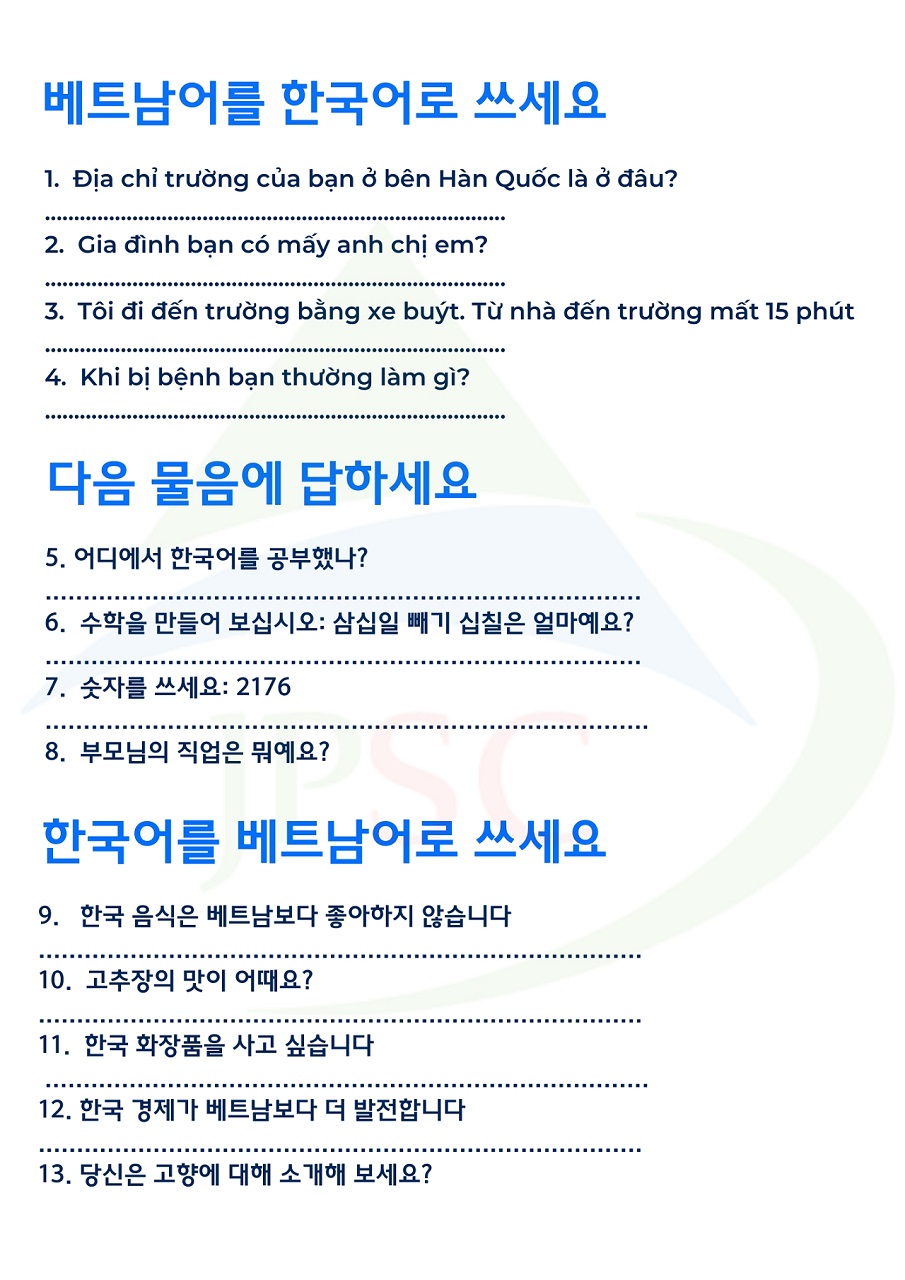 Phần 2: Dịch từ tiếng Việt sang Hàn & Trả lời câu hỏi & Dịch từ tiếng Hàn sang Việt